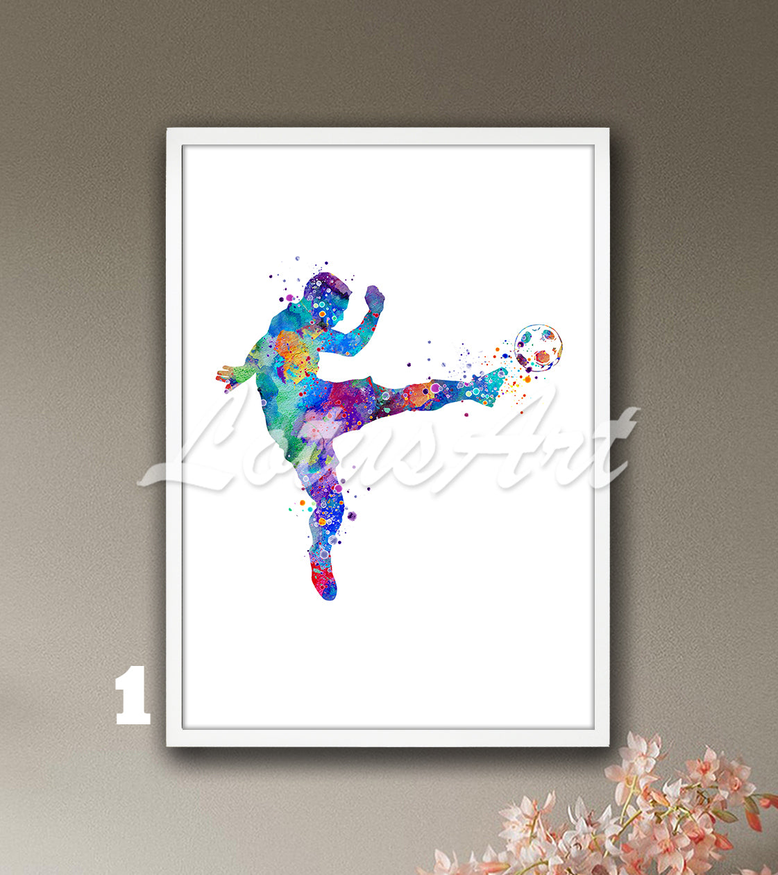 Sports art print depicting a male soccer player – multicolor watercolor painting on white background.