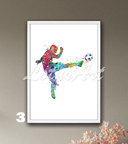 Sports art print depicting a male soccer player – watercolor painting in rainbow colors on white background.