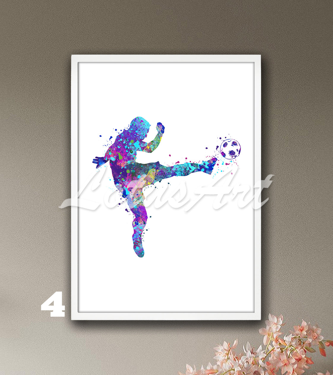 Sports art print depicting a male soccer player – watercolor painting in blue-purple on white background.