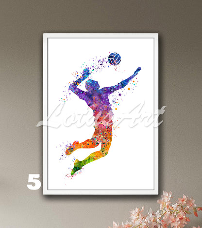 Boy volleyball watercolor sports wall art in colorful rainbow palette - kids room decor