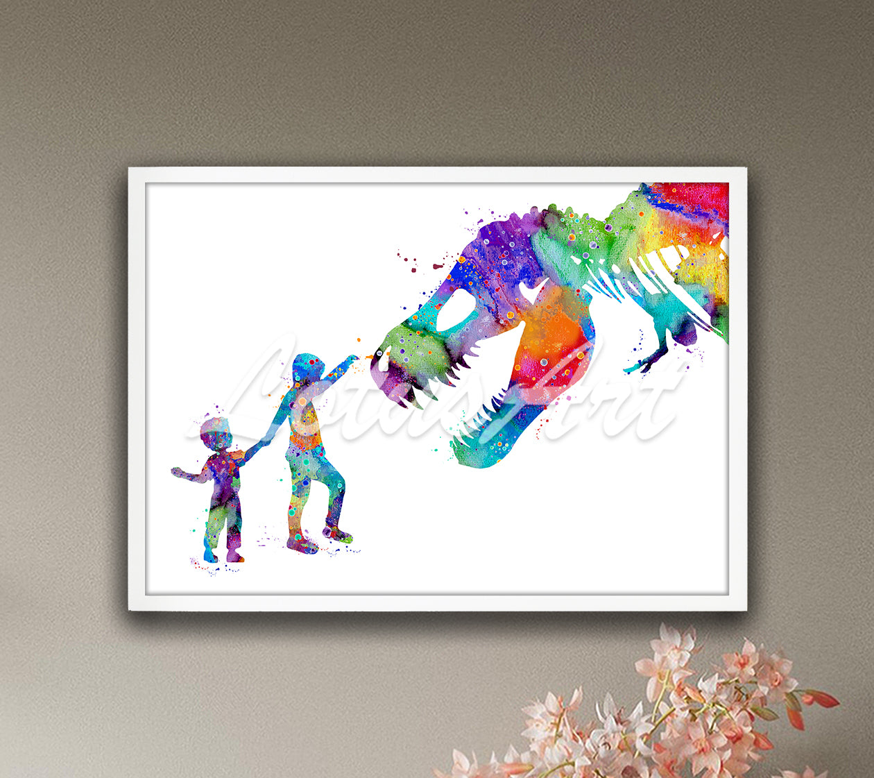 Boys & Dinosaur T-Rex Watercolor Wall Art – Kids Room & Nursery Animals Decor