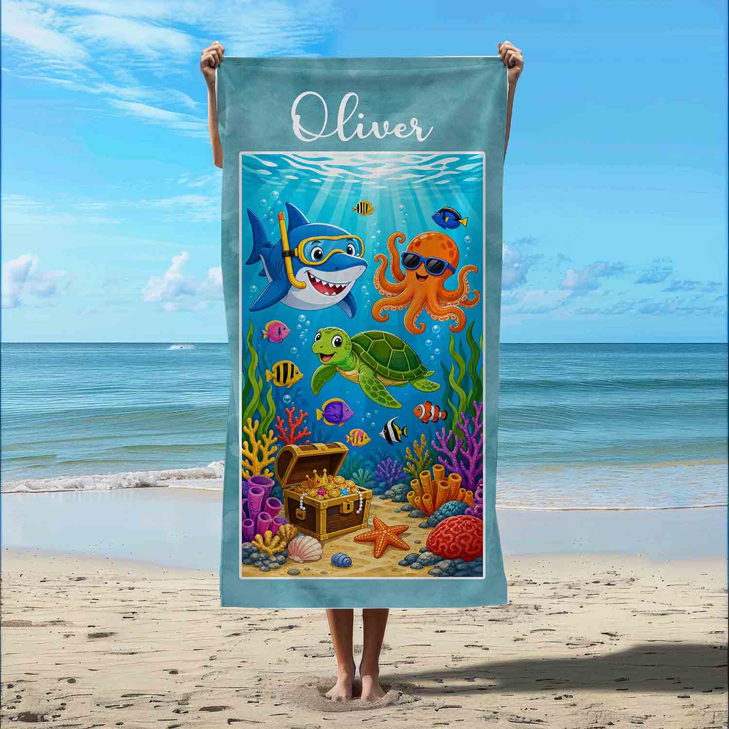 Personalized boys beach towel ocean animals seabed art, custom name kids gift, multicolour sea print featured