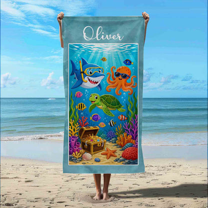 Personalized boys beach towel ocean animals seabed art, custom name kids gift, multicolour sea print featured