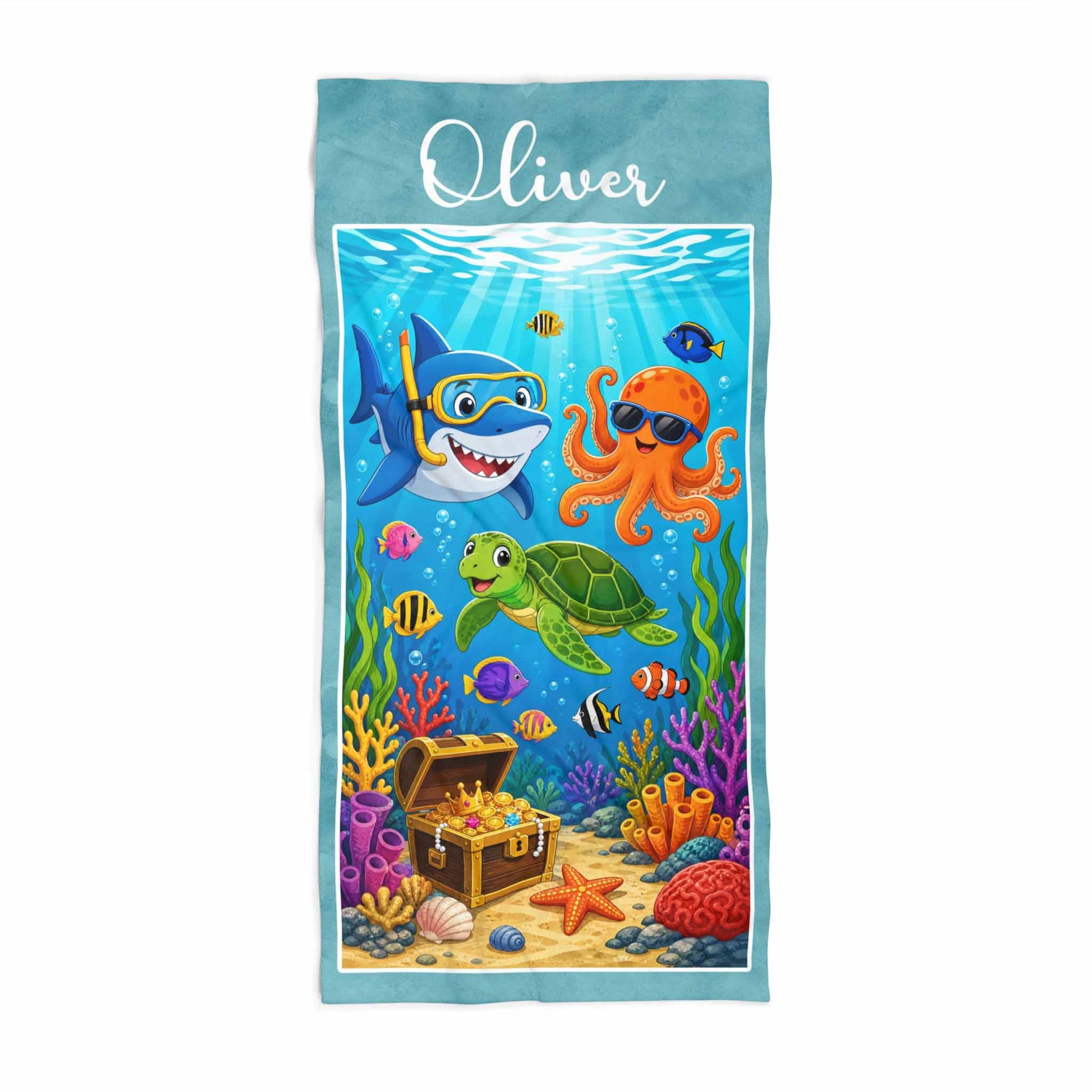 Personalized boys beach towel ocean animals seabed art, custom name kids gift, multicolour sea print, lifestyle beach view