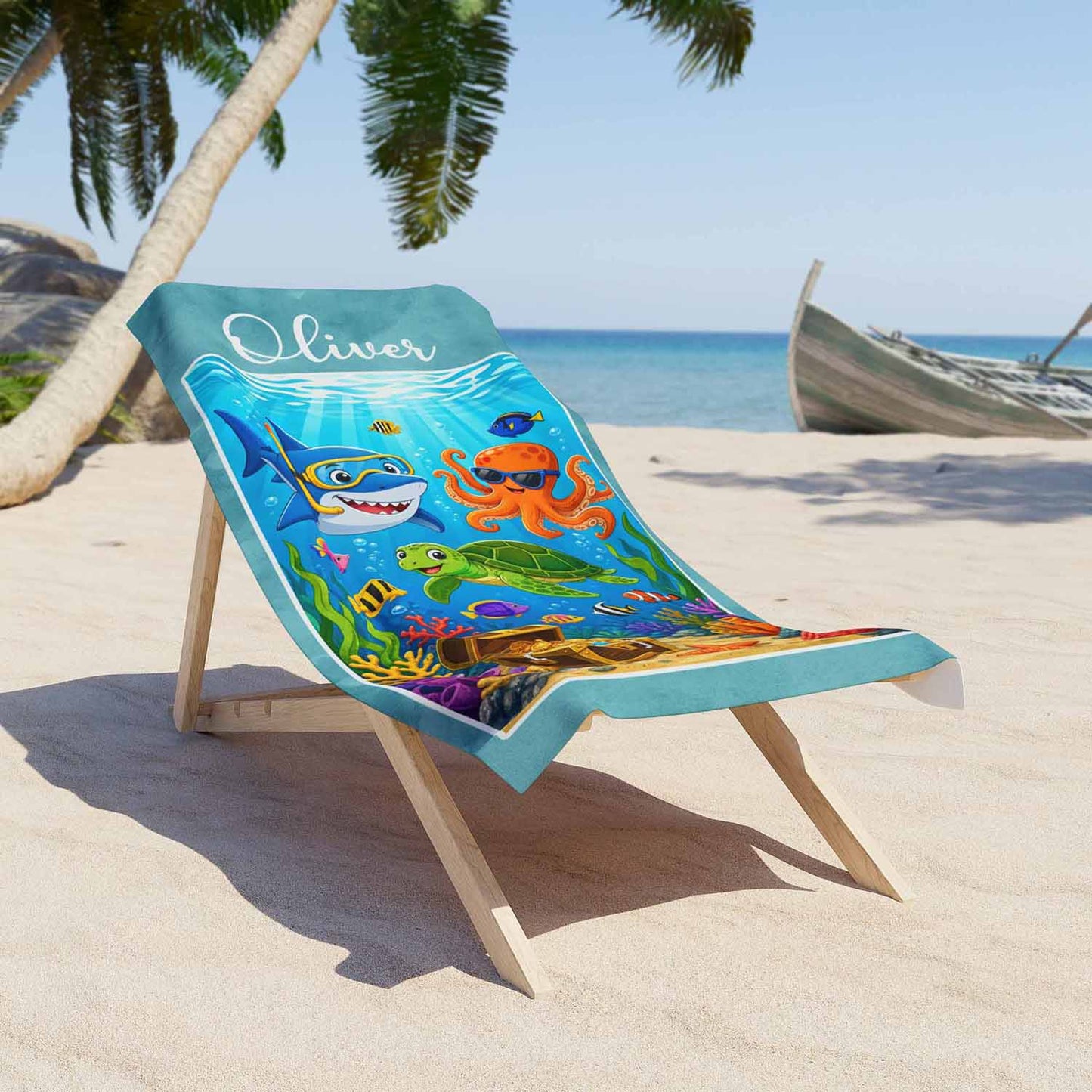 Personalized boys beach towel ocean animals seabed art, custom name kids gift, multicolour sea print, lifestyle on lounger