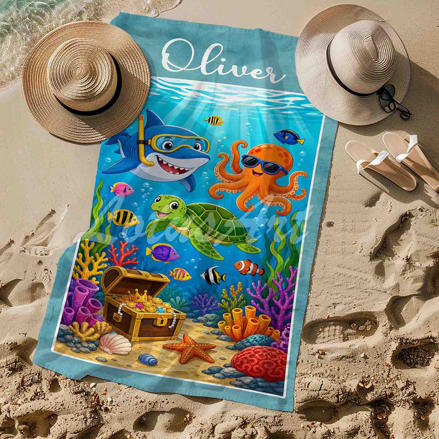Personalized boys beach towel ocean animals seabed art, custom name kids gift, multicolour sea print, lifestyle on sand
