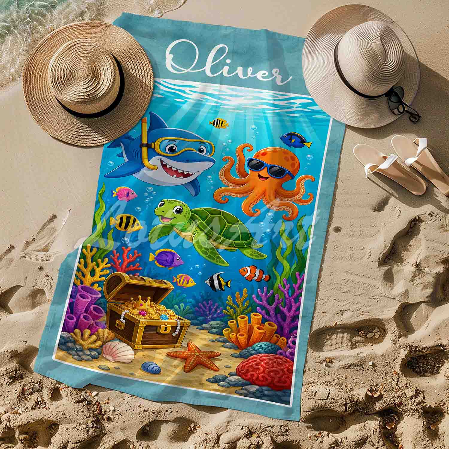 Personalized boys beach towel ocean animals seabed art, custom name kids gift, multicolour sea print, lifestyle on sand