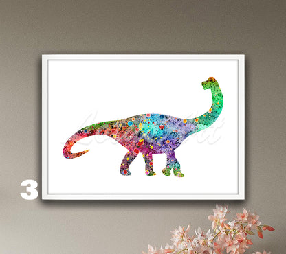 Brachiosaurus Dinosaur Watercolor Art Print, Animals Kids Wall Decor, Nursery Dinosaur