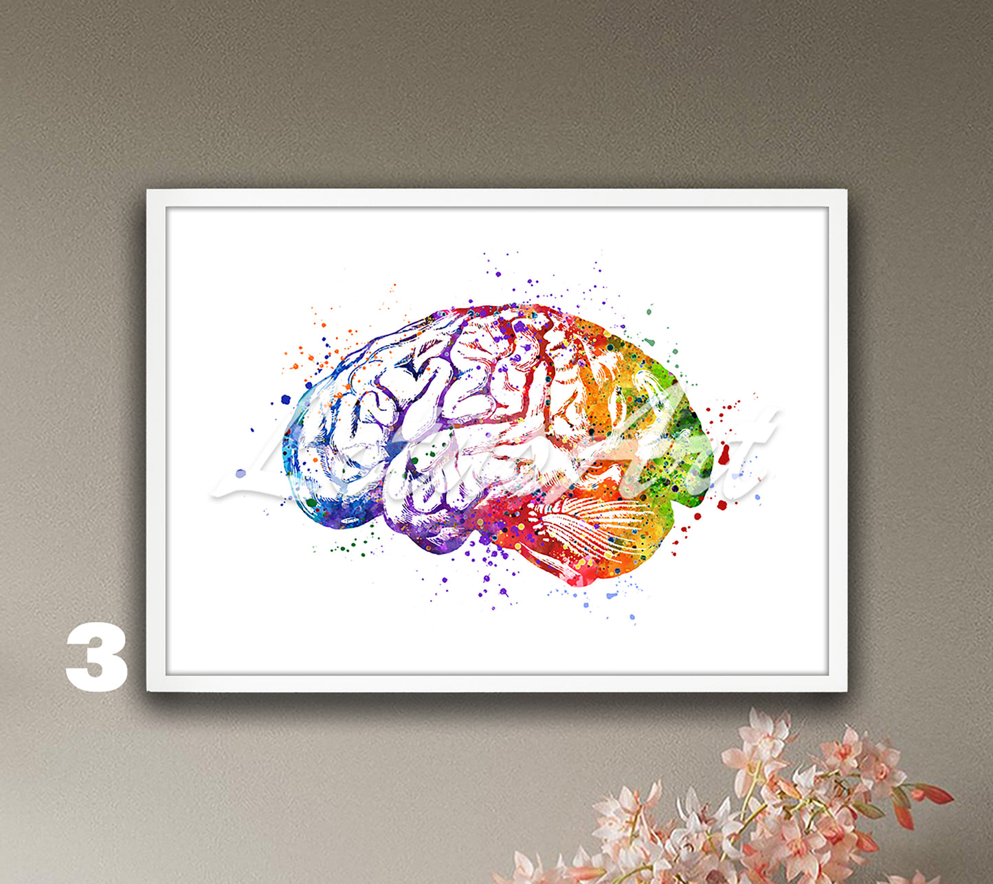Human brain anatomy art print– watercolor painting in rainbow  colors– neuroscience medical decor.