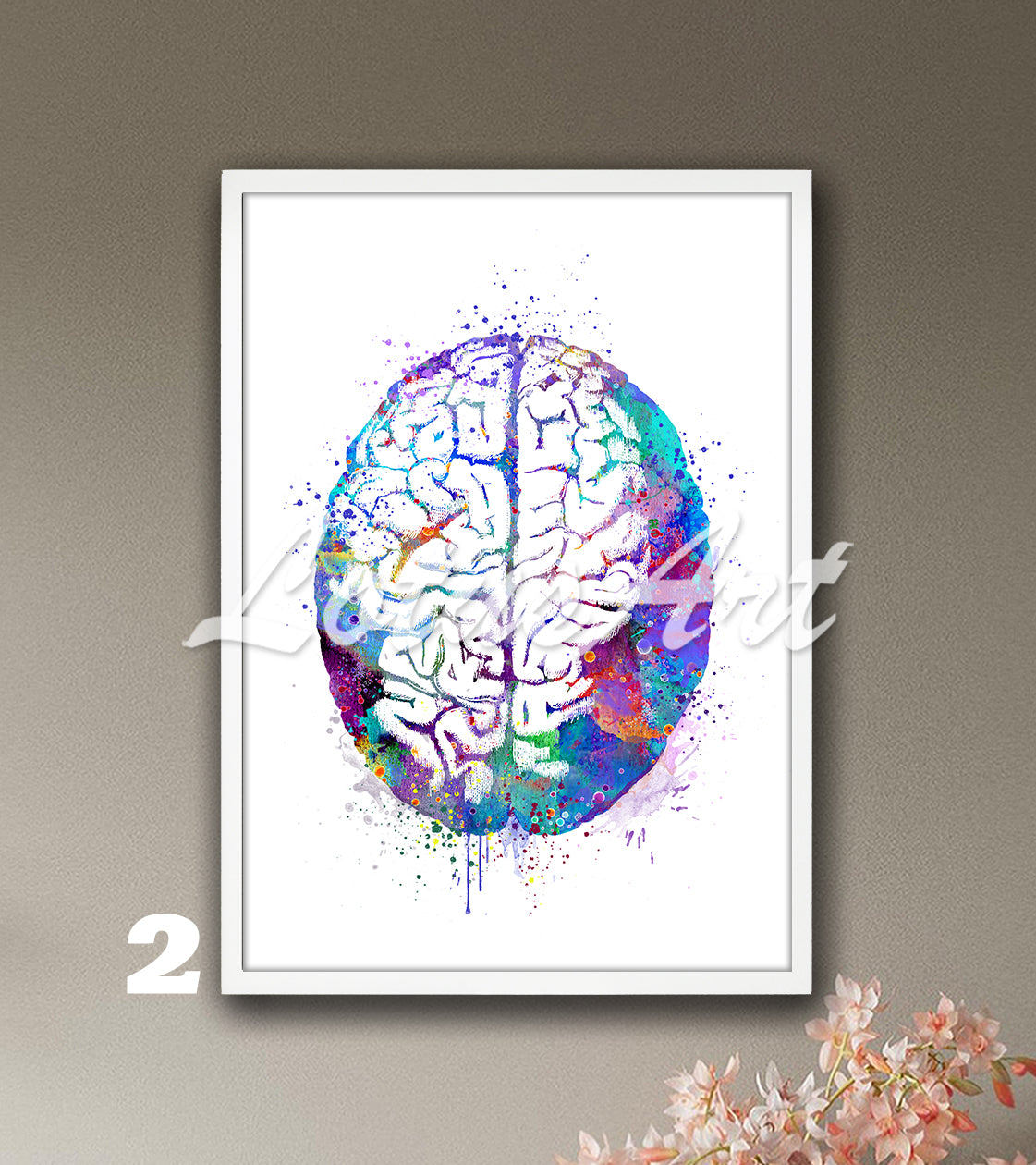 Human brain anatomy art print in blue-purple – watercolor illustration of neuroscience medical wall decor.