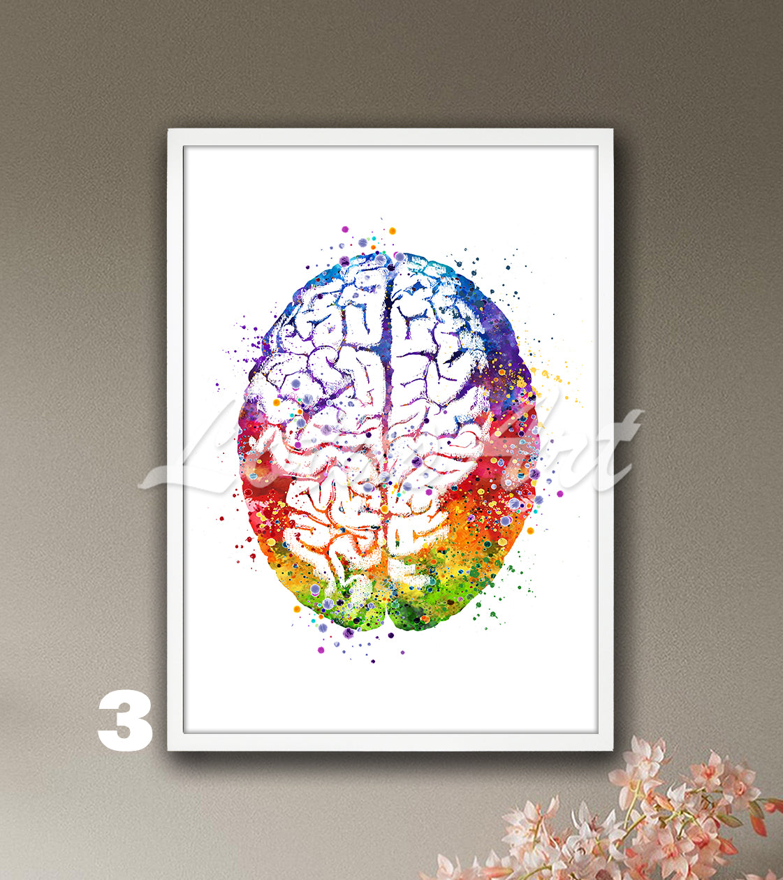 Human brain anatomy art print of a watercolor painting in rainbow colors for neuroscience medical wall decor.