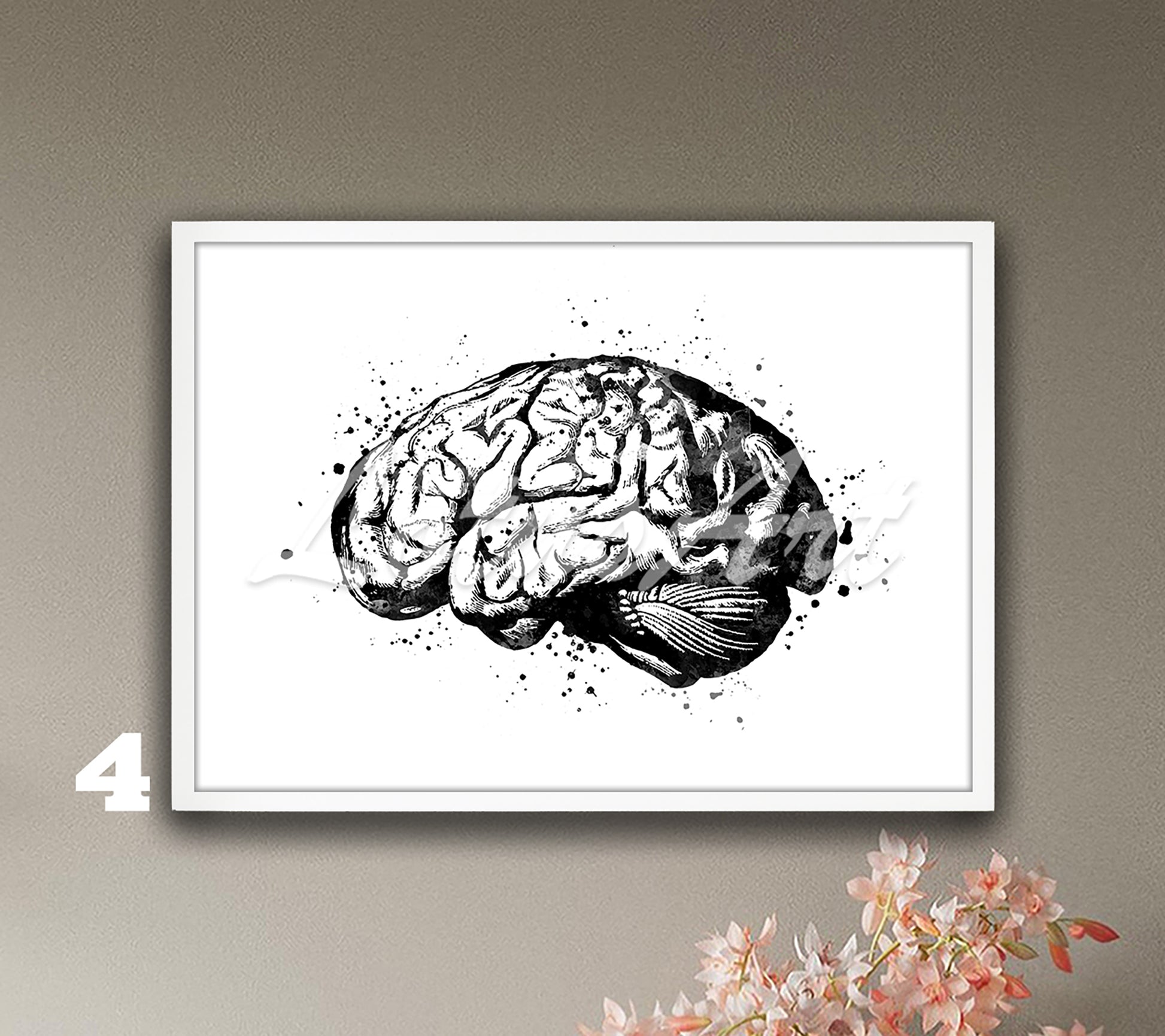 Black-white human brain anatomy art print– watercolor painting of neuroscience medical decor.