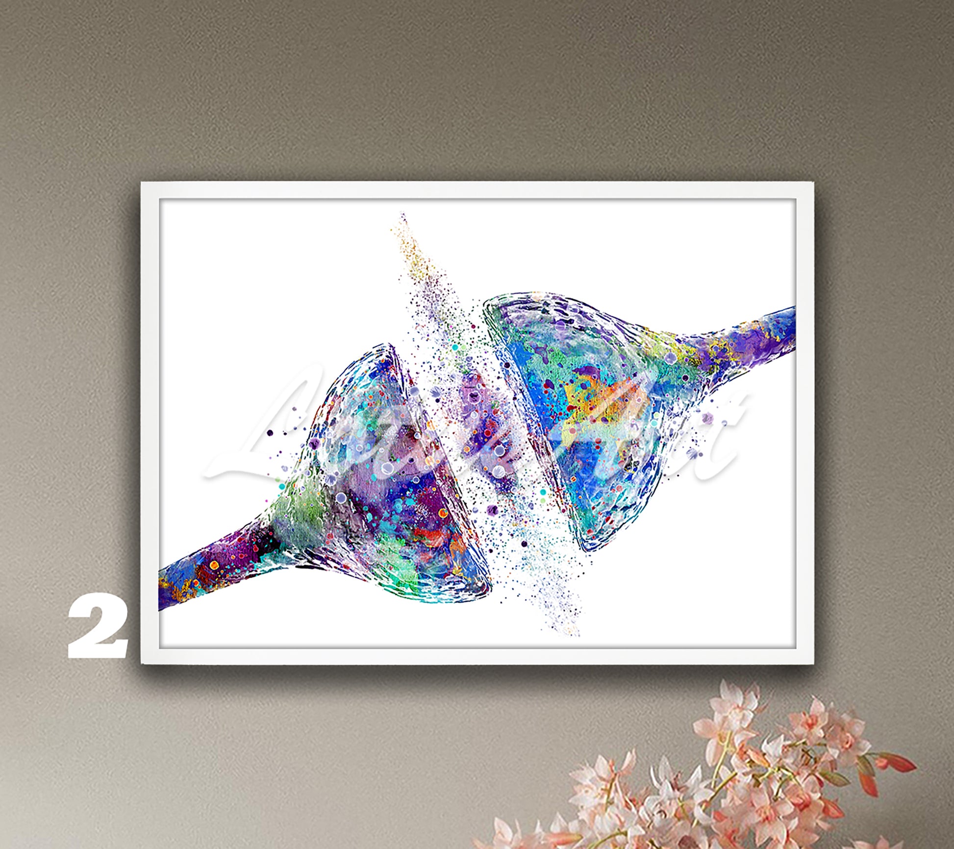 Modern synapse and brain cell receptor watercolor art print – blue-purple science wall decor.