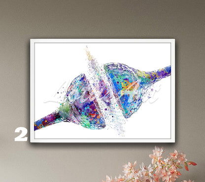 Modern synapse and brain cell receptor watercolor art print – blue-purple science wall decor.