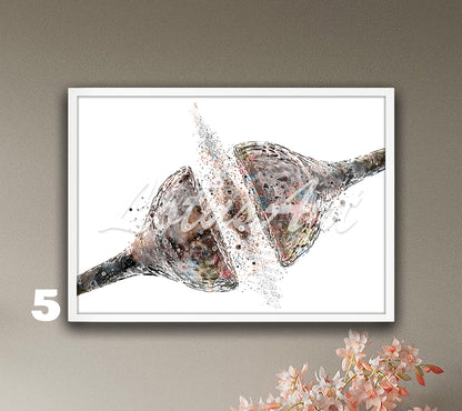 Art print of watercolor painting of synapse brain nerve cells receptor – science wall decor in pastel colors.