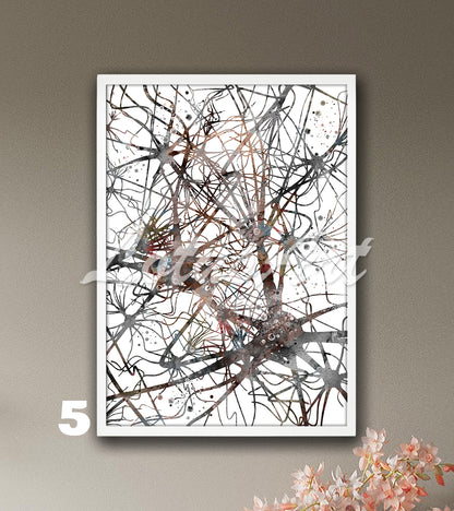 Art print of watercolor artwork of neural network, and nerve cells of the brain in pastel colors– medical science decor.