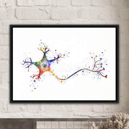 1. Framed canvas art print of a watercolor artwork of a brain neuron – multicolor medical science decor.