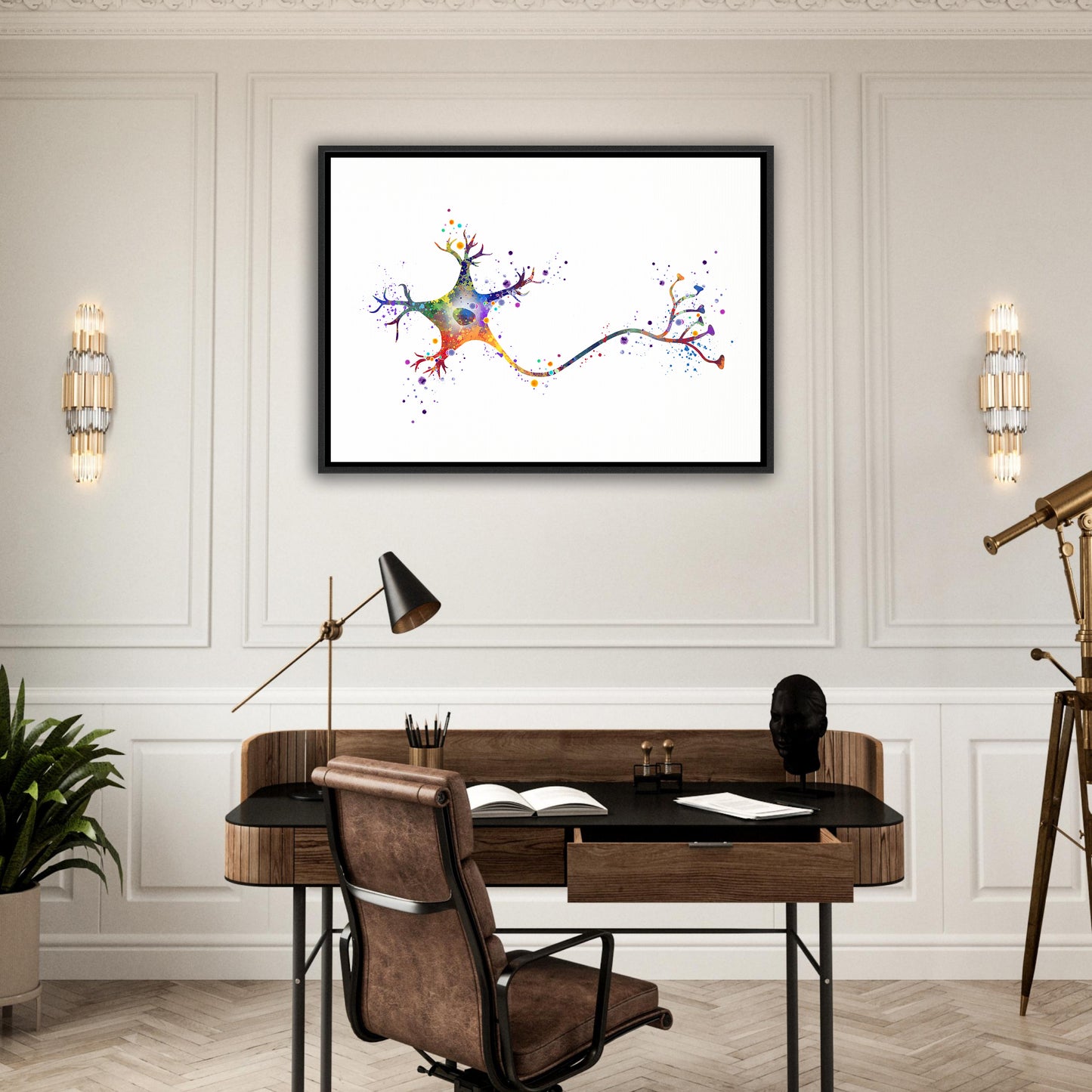 Framed canvas art print of a colorful watercolor painting of a brain neuron, medical science decor.