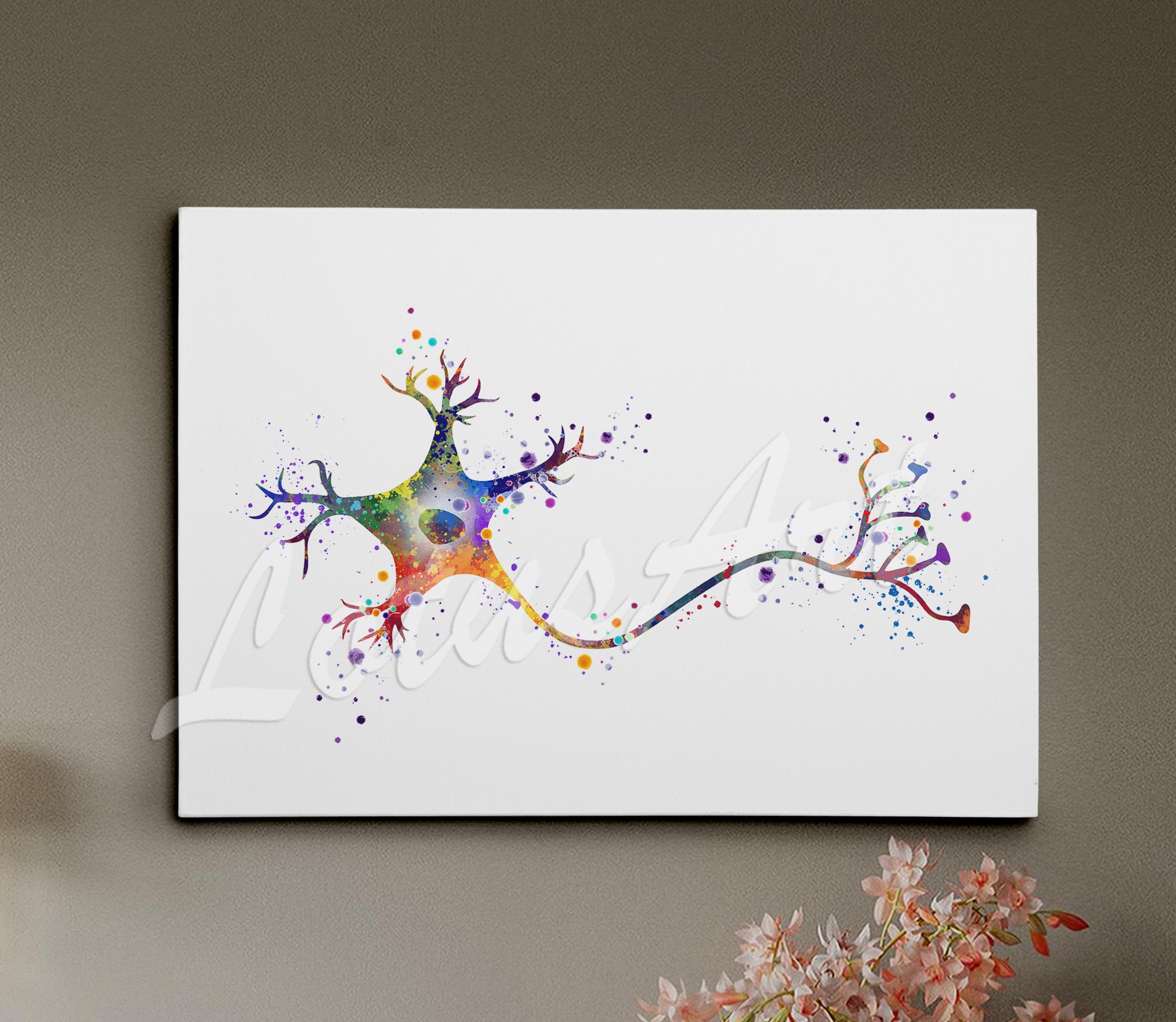 Canvas art print of a multicolor watercolor artwork of a brain neuron –  a medical science decor.