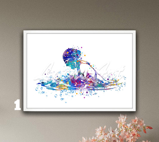 Breaststroke swimming girl watercolor art print in colorful tones - water sports wall decor for kids room