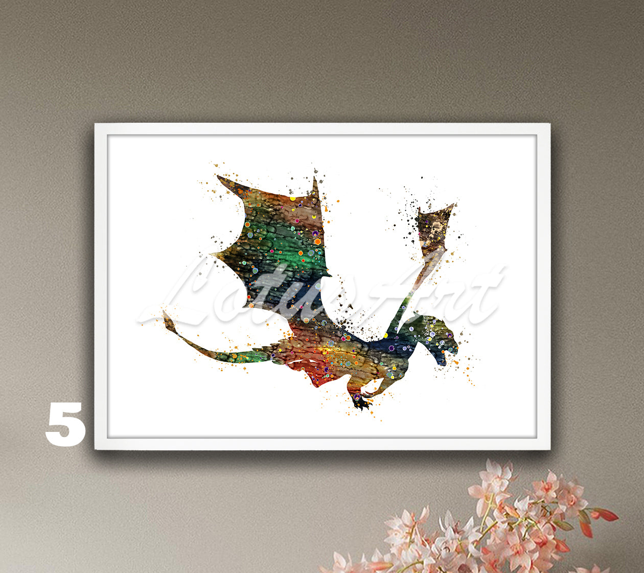 Flying dragon watercolor art print for fantasy animals wall decor in brown and green tones, nature lover gift