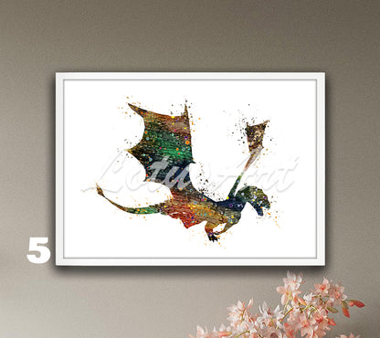 Flying dragon watercolor art print for fantasy animals wall decor in brown and green tones, nature lover gift