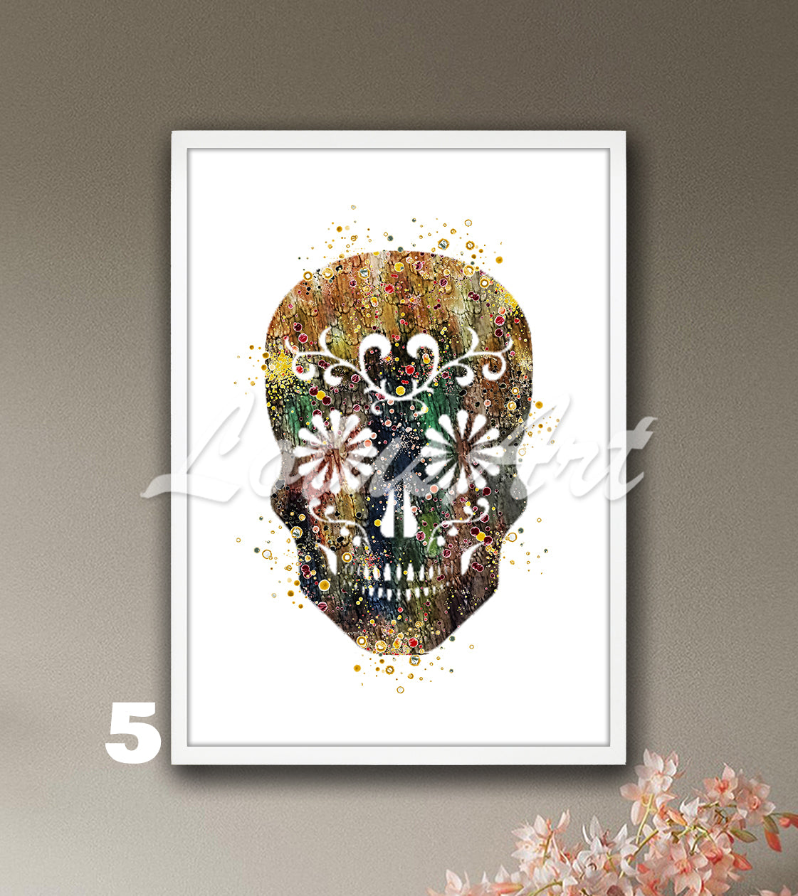 Sugar skull watercolor painting in brown and green tones, elegant boho skull decor for Day of the Dead and good luck gift