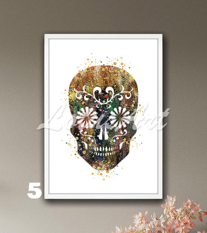 Sugar skull watercolor painting in brown and green tones, elegant boho skull decor for Day of the Dead and good luck gift