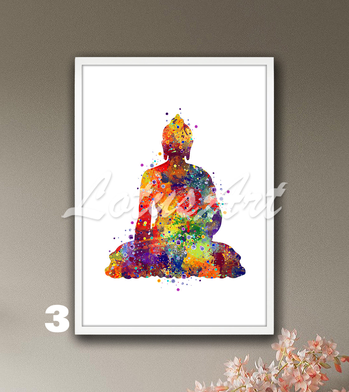 Buddha watercolor wall art for zen yoga decor in bright warm multicolor tones, spiritual painting gift