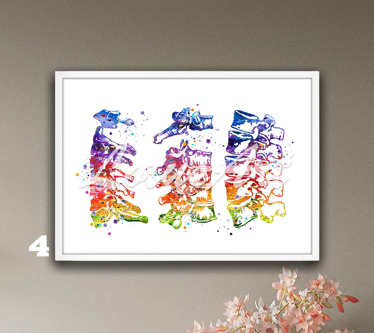 Cervical thoracic and lumbar vertebrae spine anatomy watercolor painting, medical decor for clinics & doctors office gift