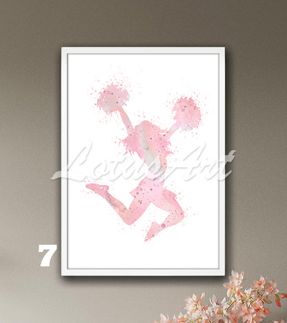 Cheerleader watercolor sports art decor in pink tones - cheerleading wall art