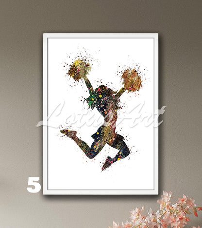 Cheerleader watercolor sports art decor in colorful brown palette - cheerleading wall art