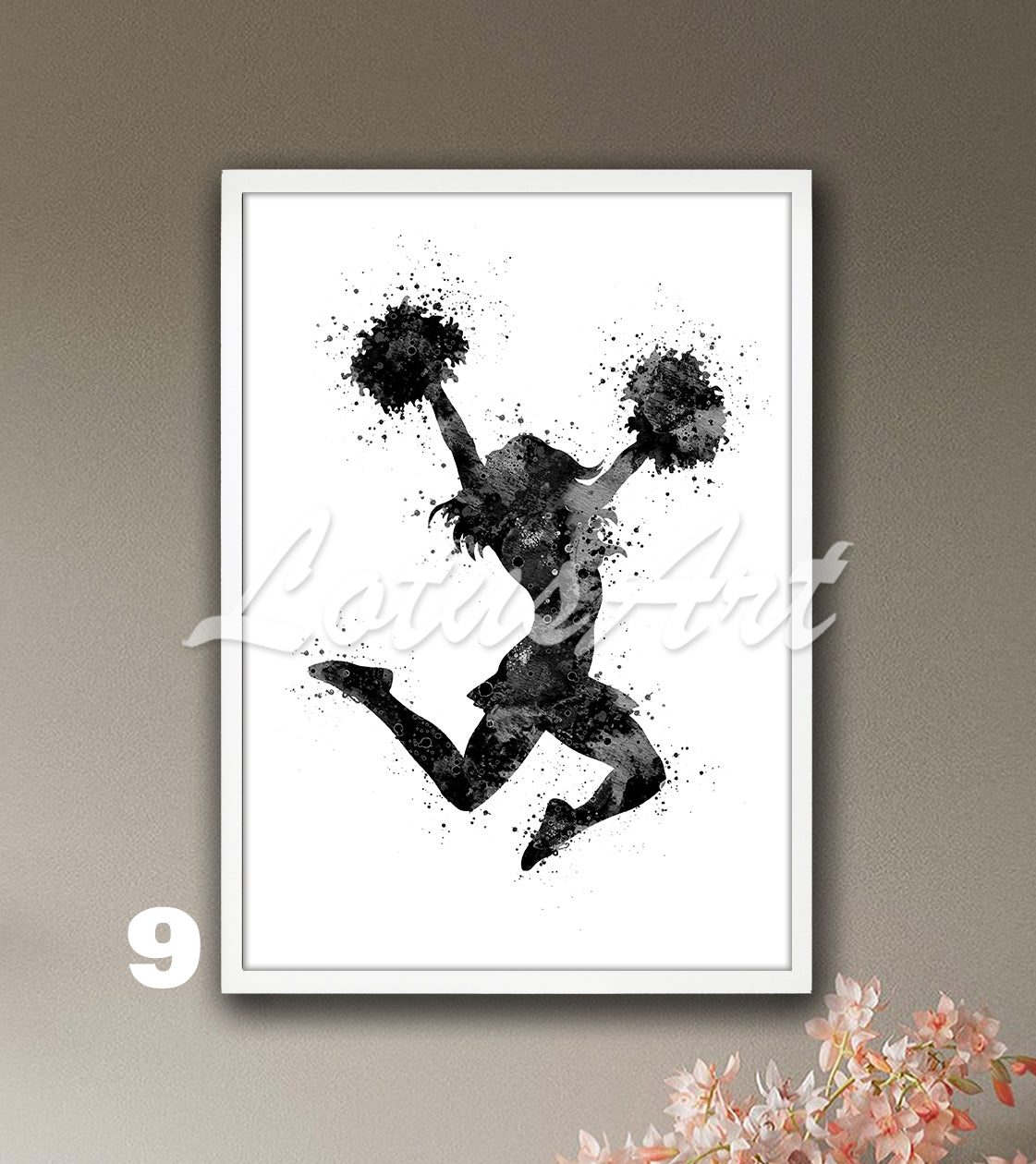 Cheerleading watercolor sports wall art in black tones - minimalist girls room decor