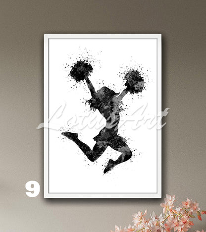 Cheerleading watercolor sports wall art in black tones - minimalist girls room decor