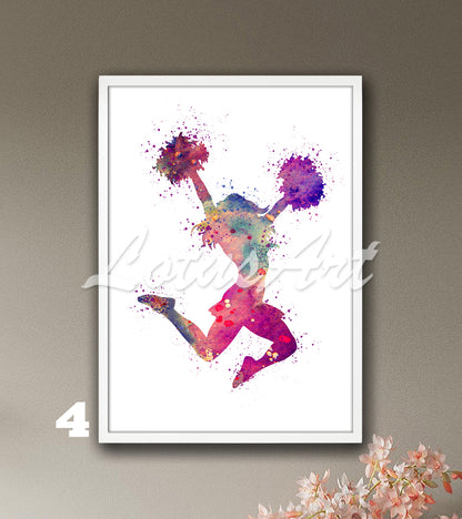 Cheerleading watercolor sports art print in bright tones - girls wall decor