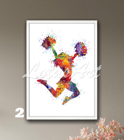 Cheerleading watercolor sports wall art decor in vibrant colors - girls room gifts