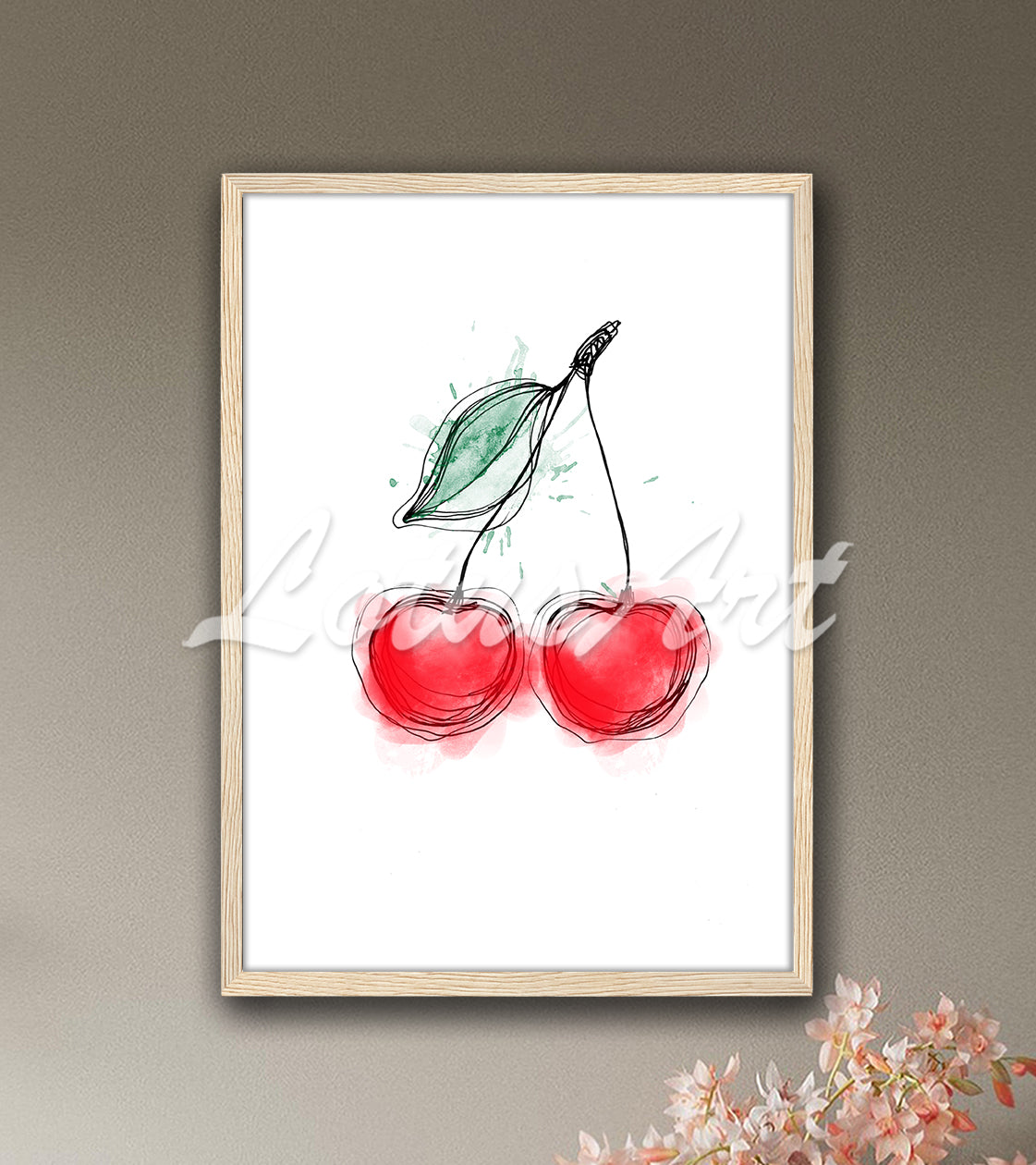 Red Cherries Watercolor Print – Fruit Kitchen Wall Art Decor, Ink Painting, Mixed Media Art