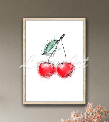 Red Cherries Watercolor Print – Fruit Kitchen Wall Art Decor, Ink Painting, Mixed Media Art