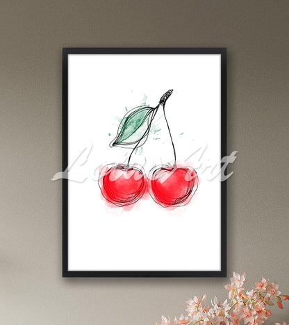 Red Cherries Watercolor Print – Fruit Kitchen Wall Art Decor, Ink Painting, Mixed Media Art