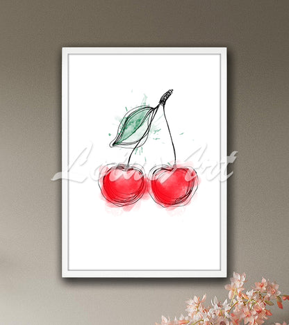 Red Cherries Watercolor Print – Fruit Kitchen Wall Art Decor, Ink Painting, Mixed Media Art