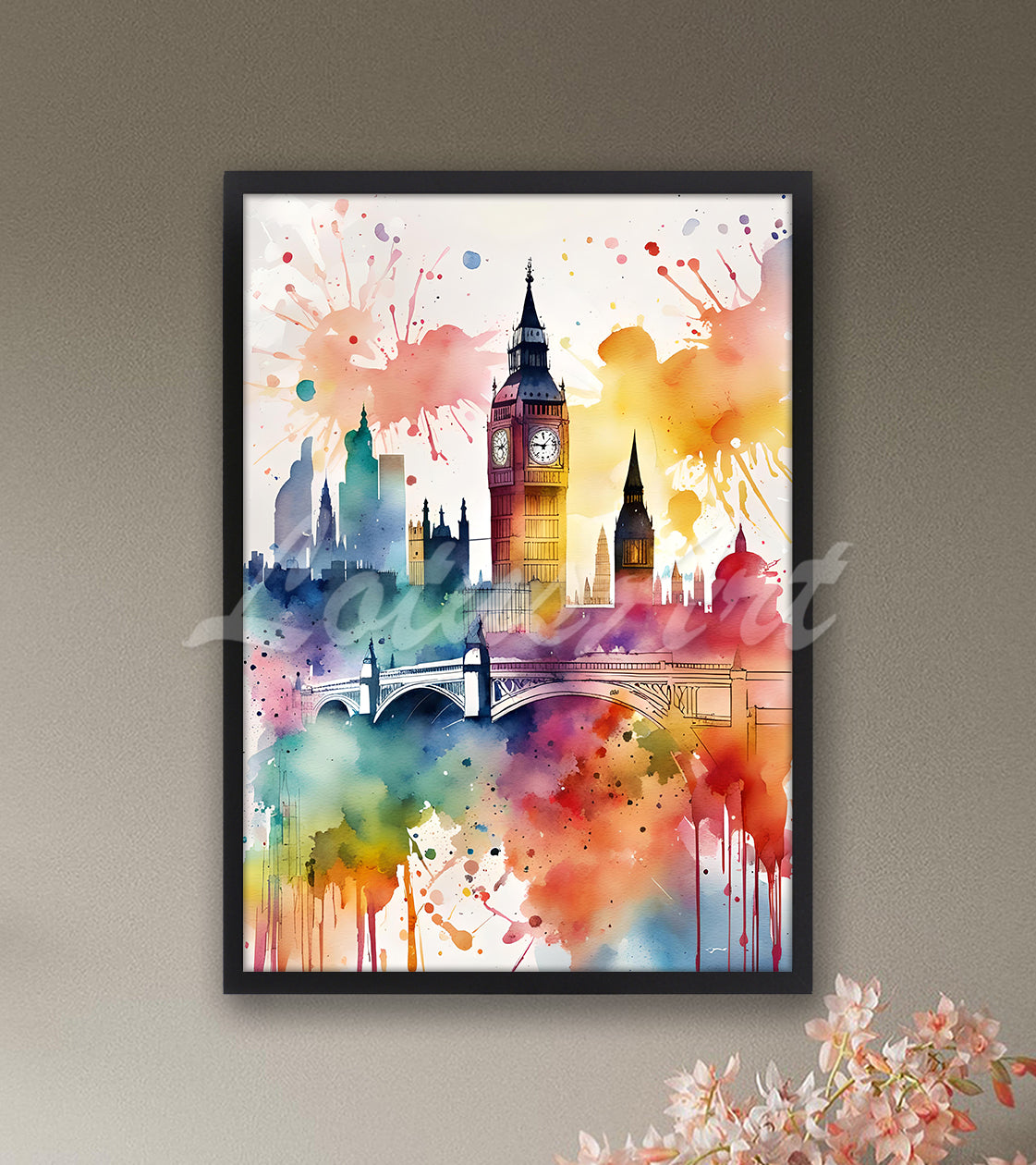 London city skyline watercolor painting in black frame, Big Ben UK travel wall art decor & traveler gift