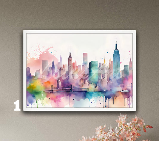New York City Skyline Watercolor Wall Art, USA Travel Print, New York Decor