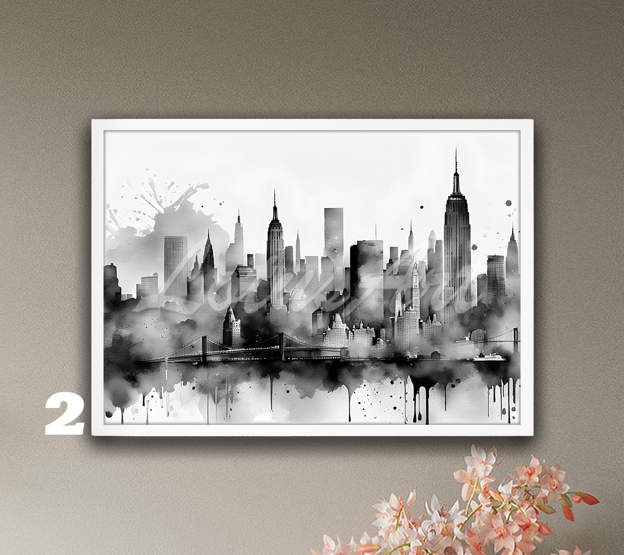 New York City skyline watercolor art poster in black & white tones, minimalist USA cityscape home decor & travel gift