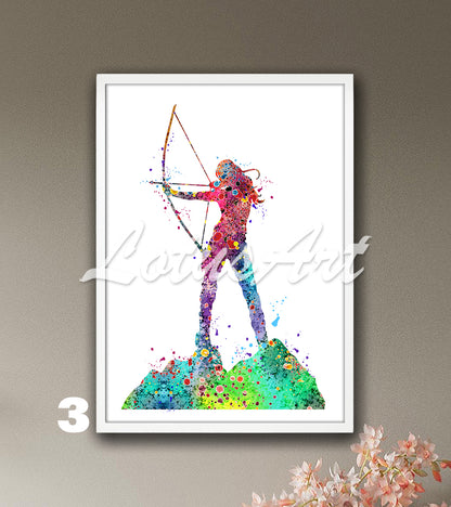 Colorful archery girl watercolor sports art print - vibrant wall decor