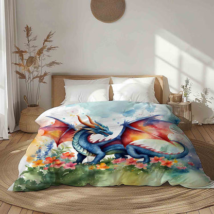Colorful dragon comforter fantasy watercolor art bedding for kids and dragon lovers, twin queen king sizes