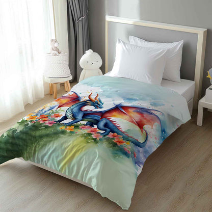 Colorful dragon comforter on twin bed, fantasy kids bedroom bedding gift for dragon lovers