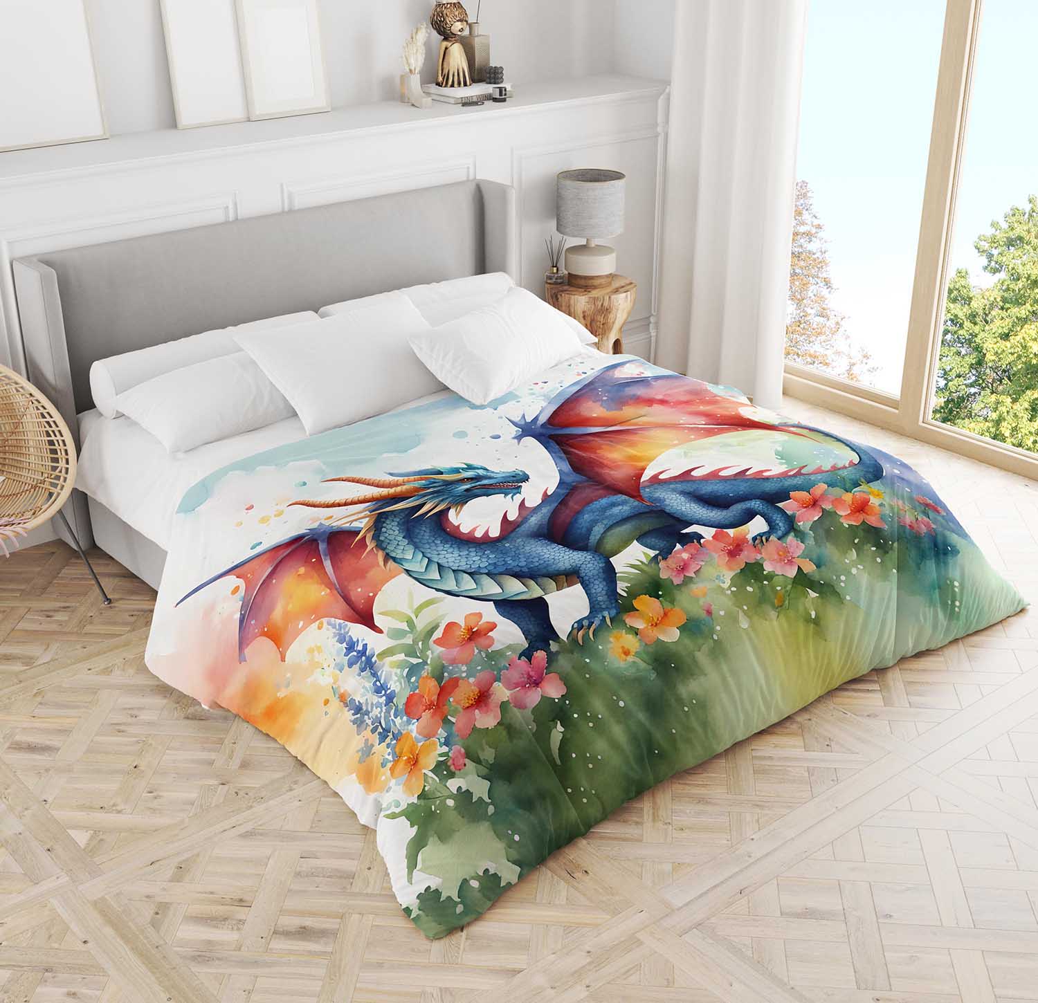 Colorful dragon duvet cover on queen bed, mythical creature fantasy bedding gift for dragon lovers