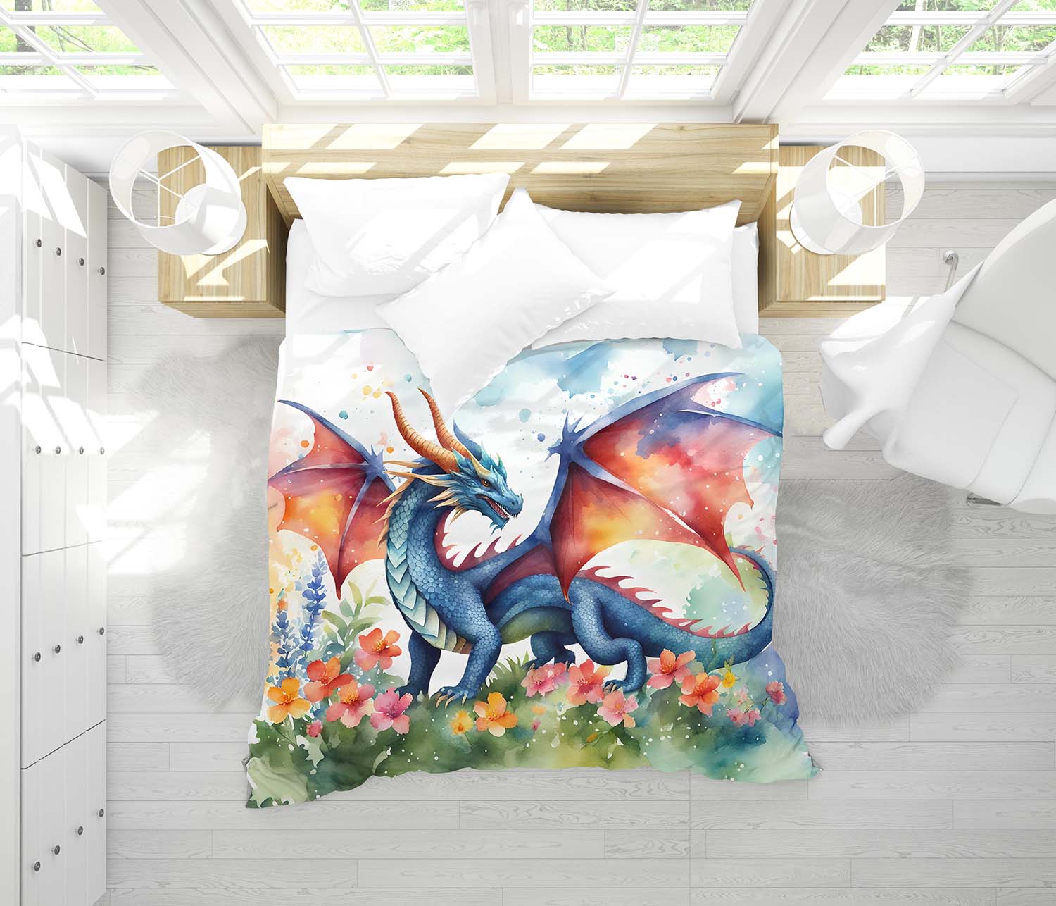 Colorful dragon duvet cover on twin bed, unique watercolor fantasy art bedding for teen bedroom