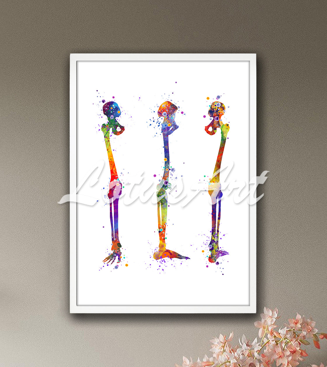 Colorful leg bones anatomy print femur tibia fibula in vibrant watercolor - orthopedic medical wall art