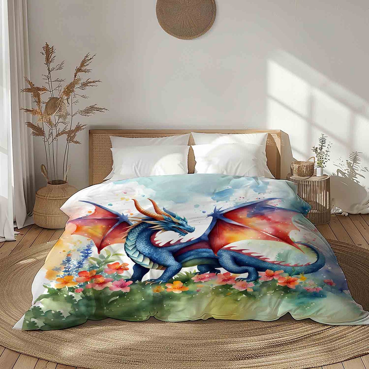 Colorful watercolor dragon duvet cover on bed, fantasy art bedding for teen and adult bedroom